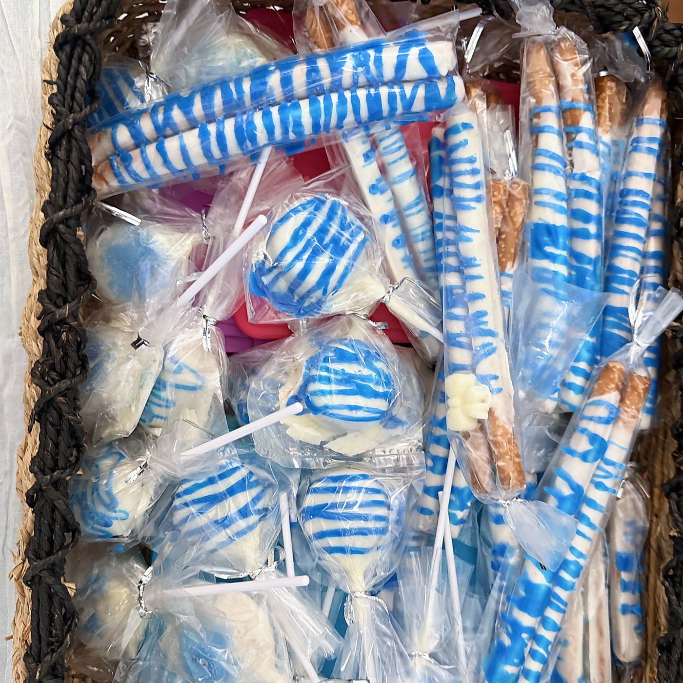 A blue and white basket, ready to go out